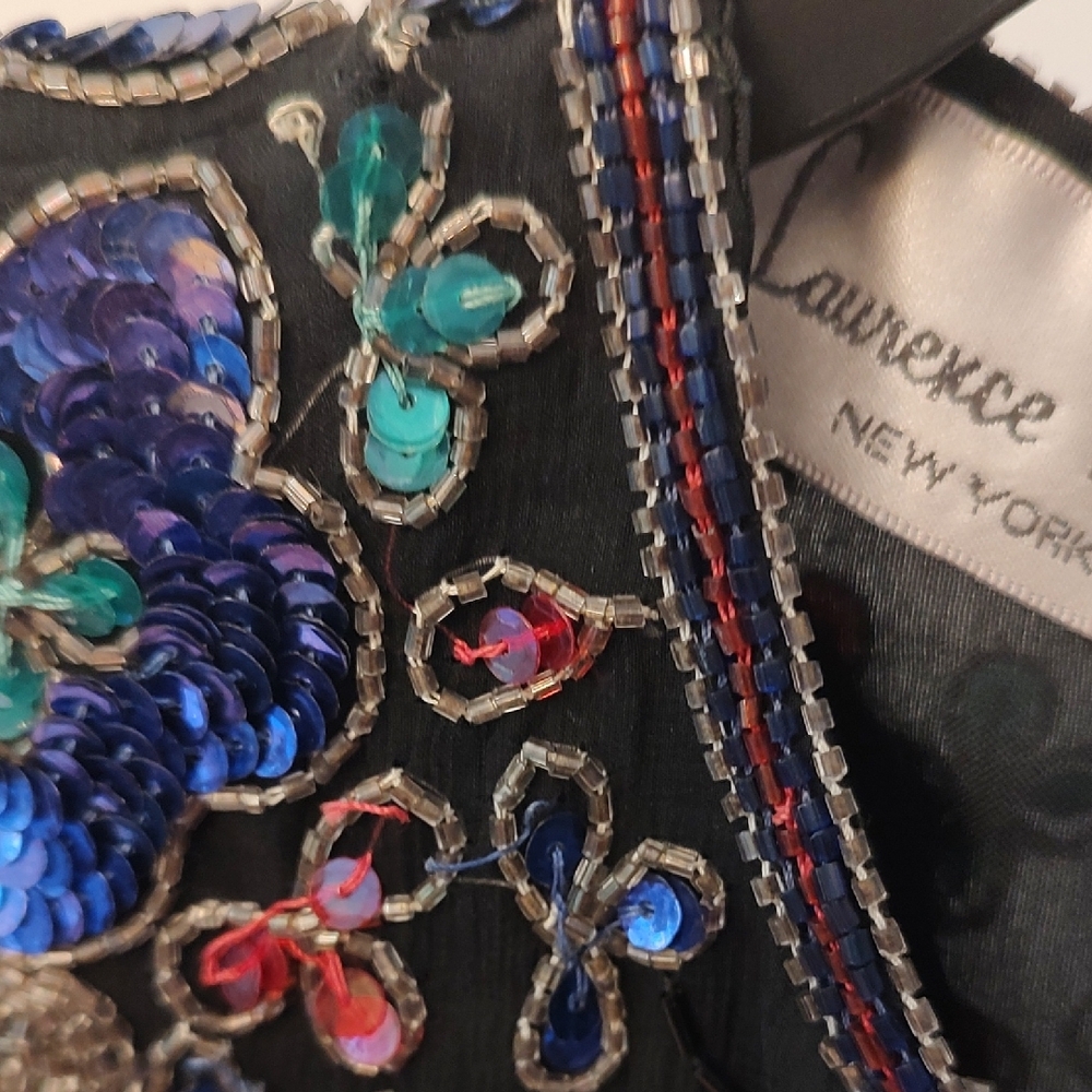 80s Laurence Kazar Black Silk Blouse Floral Sequin Embroidery Sparkly Holiday PS - Picture 7 of 7